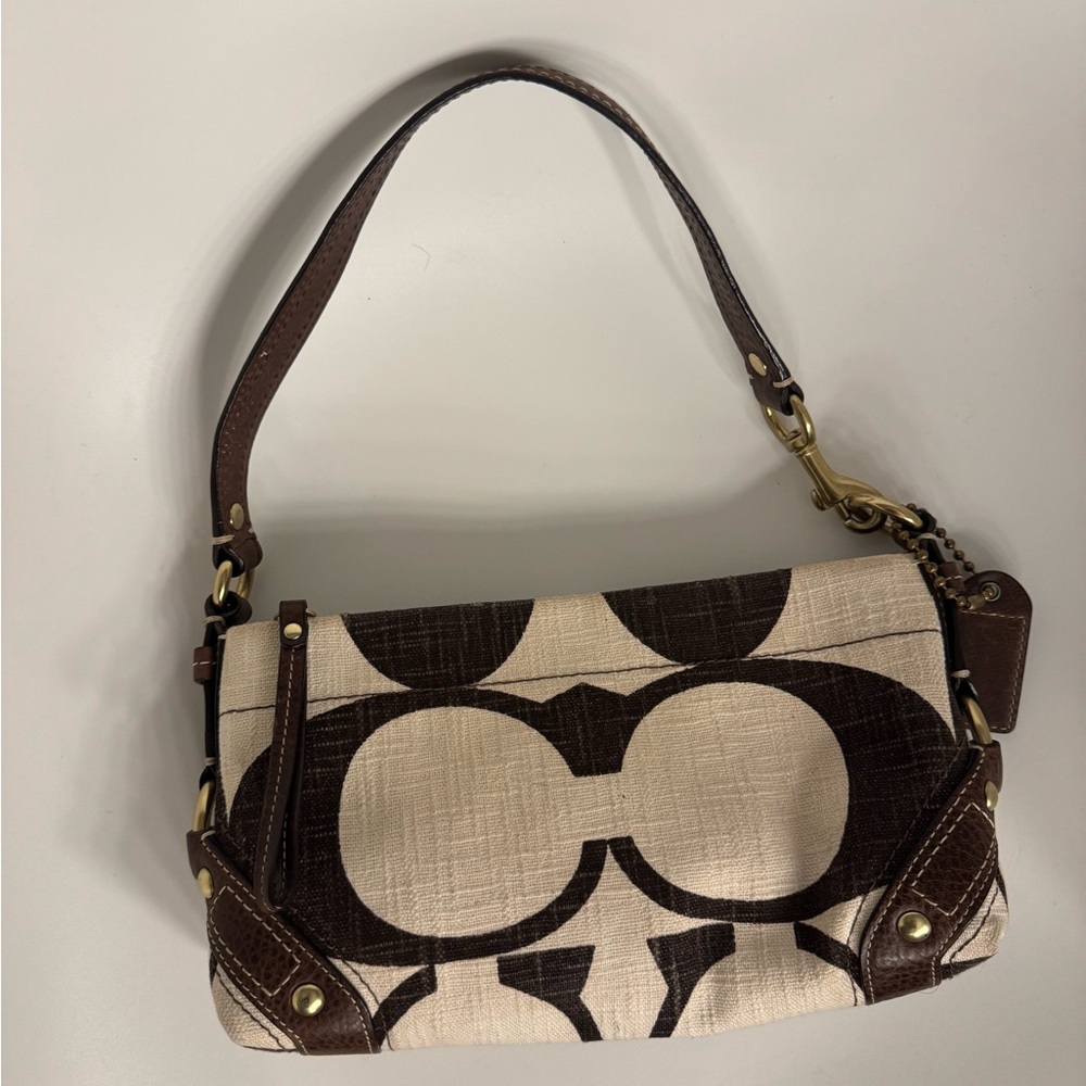 Coach Carly mini cream and brown linen mini bag